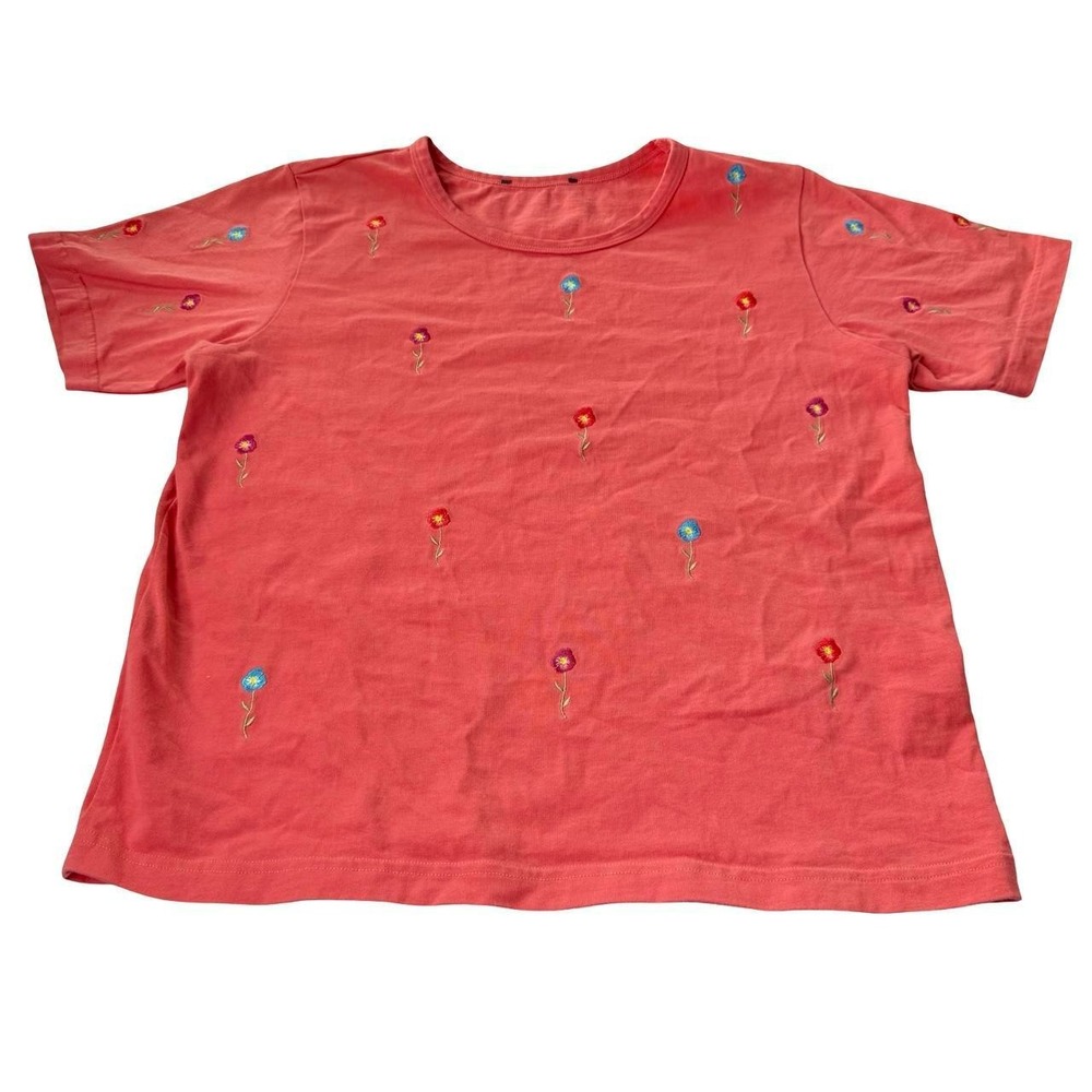 Embroidered Floral Pink T Shirt Women's Small Cottagecore Coquette Tee